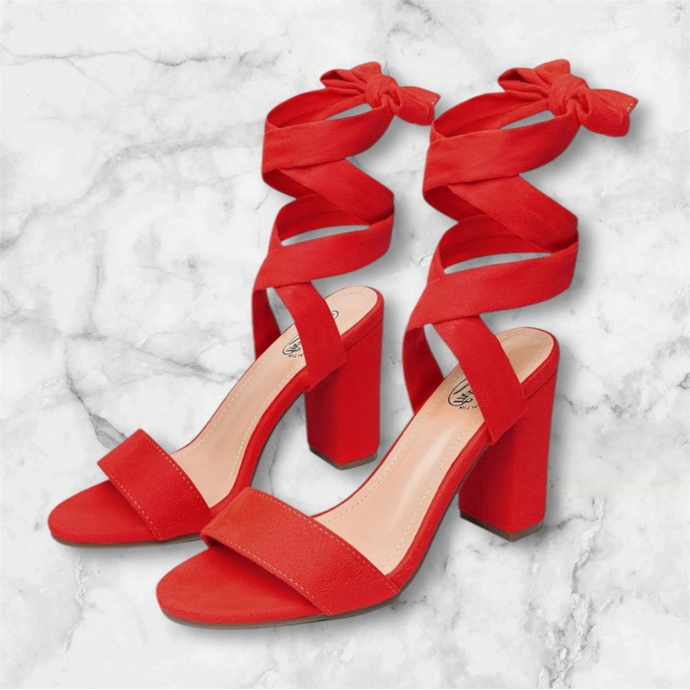 Chunky Elegant Suede Red Women's Heels 7.5